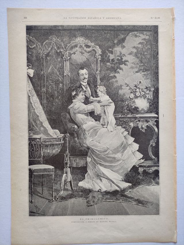 RETRATO PADRES BEBÉ SINDROME DOWN. GRABADO S.XIX