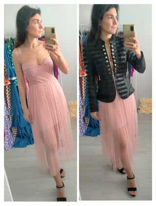 Vestido falda tul color rosa nude.