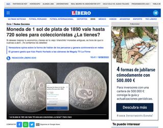 Moneda de plata un sol peruano. 1890