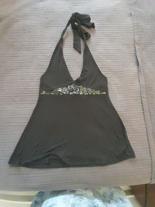 Top negro lentejuelas elástico atado en el cuello