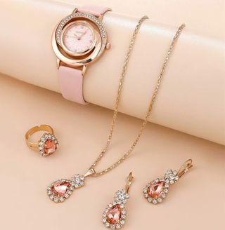 Set donna 5 pezzi !! Orologio + gioielli rosa