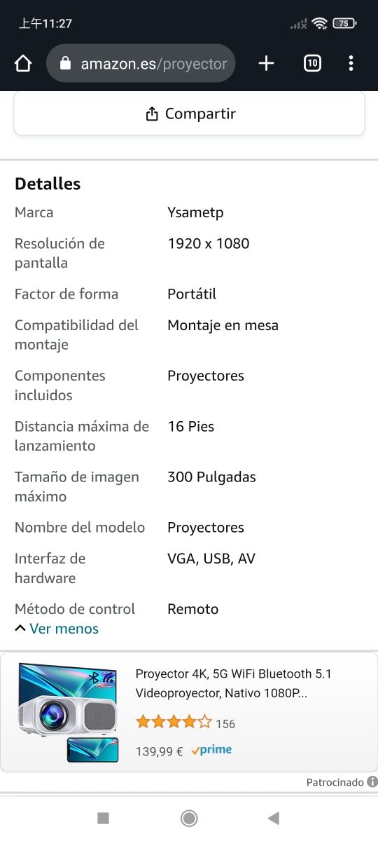 Mini proyector 5G+WiFi Full HD 1080P Video Project