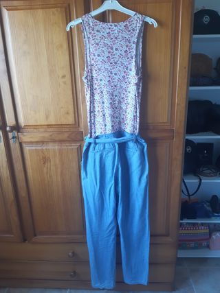 Mono flores y vaquero talla S Blanco