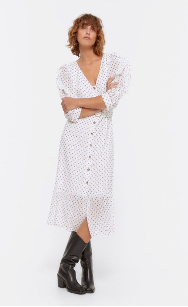 Vestido Uterqüe blanco lunares topos camel de segunda mano por 49