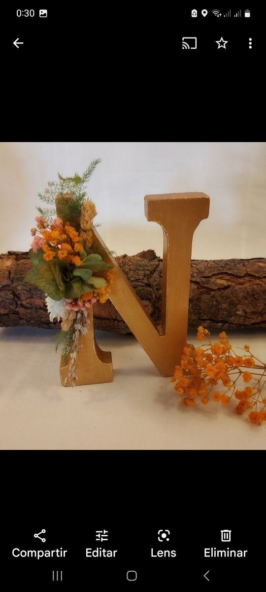 REBAJAS.Letra de madera con flor preservada.