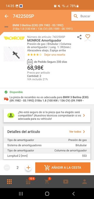 Amortiguadores nuevos Vw seat 742250Sp