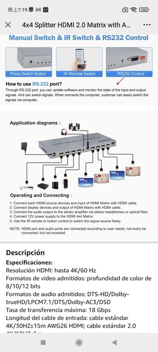 4x4 Splitter HDMI 2.0 Matrix with Audio Extractor 