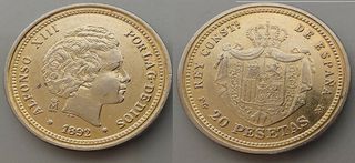 ALFONSO XIII 1892 REPLICA 20 PESETAS BAÑO ORO