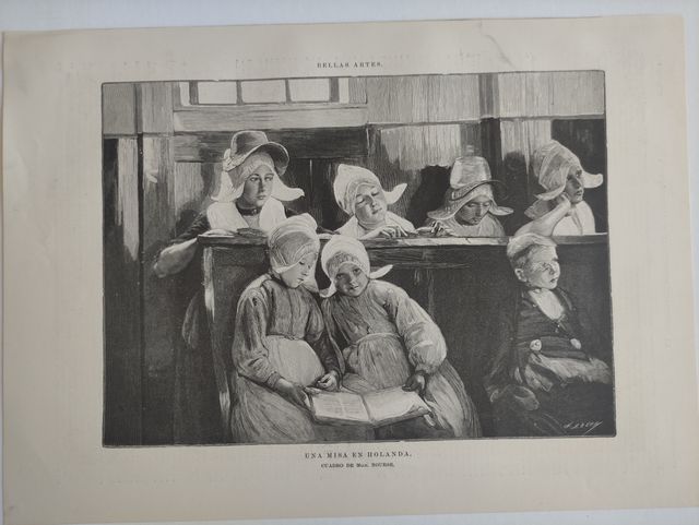 NIÑOS EN UNA MISA. GRABADO ANTIGUO S.XIX