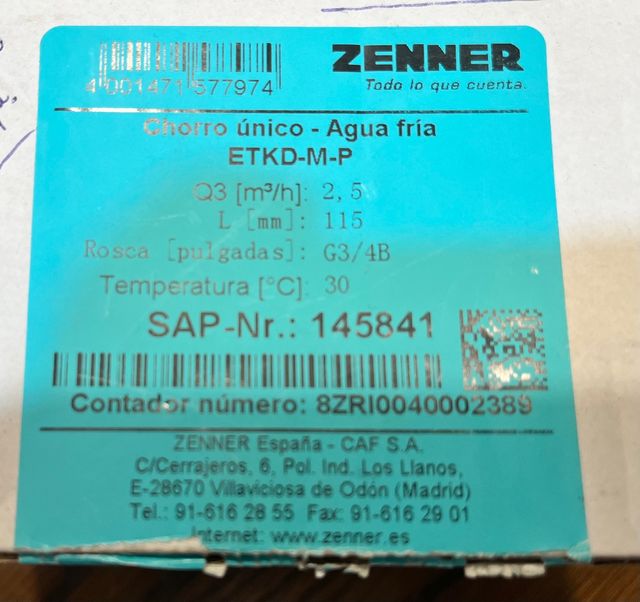 Contador Agua Fría Chorro Único Zenner