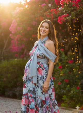 Vestido invitada premama raso flores + cinturón