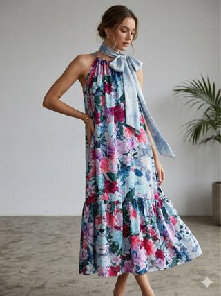 Vestido invitada premama raso flores + cinturón