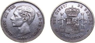 5 PESETAS 1877 ALFONSO XIII PLATA 900-COMO NUEVA