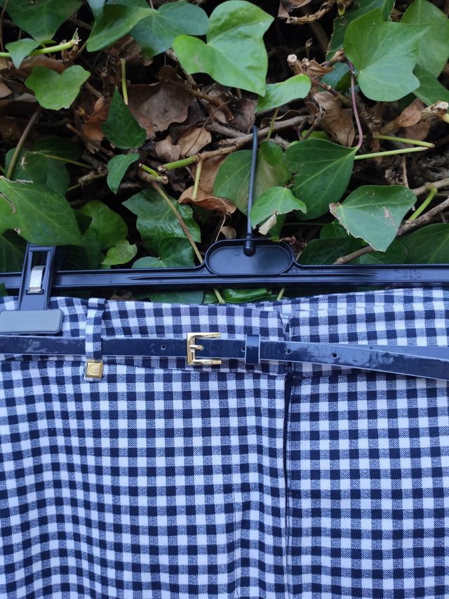 pantalon stretch, retro vichy azul oscuro y blanco