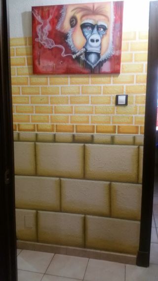 Pintor Aerografista pinta ladrillos en paredes