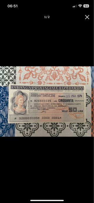 Mini assegno circolare Banca Provinciale Lombarda