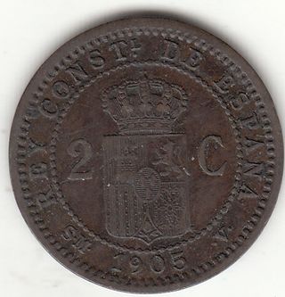 5 MONEDAS DE COBRE ALFONSO XIII / 1 - 2 CENTIMOS