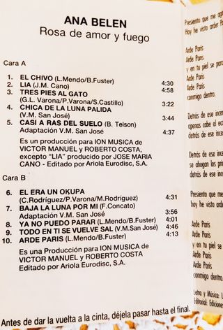Ana Belén "Rosa de Amor y Fuego. Ariola 1989