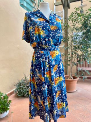 Abito donna vintage '70 fantasia fiori blu