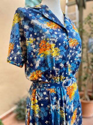 Abito donna vintage '70 fantasia fiori blu