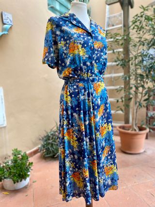 Abito donna vintage '70 fantasia fiori blu