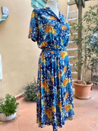 Abito donna vintage '70 fantasia fiori blu