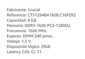 Memoria RAM DDR3 4GB PC3-12800U, 1600 MHz, Crucial
