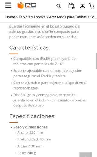 SOPORTE TABLET IPAD COCHE VIAJE HASTA 10''