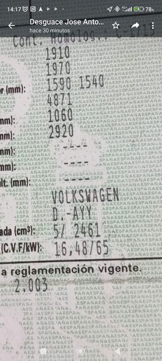 MOTOR VOLKSWAGEN TRANSPORTER 2.5 TDI TIPO AYY