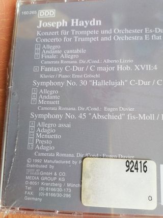 Cd Joseph Haydn Symphony No. 30"Hallelujah",Sympho