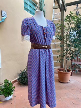 Abito vintage '70 midi blu e rosso mezza manica