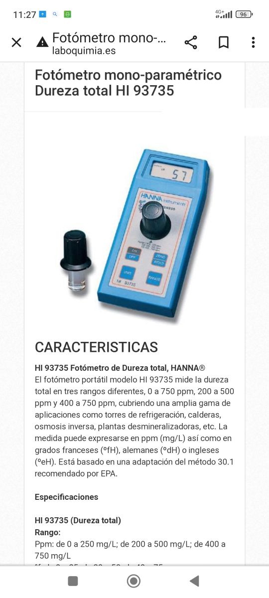 Medidor dureza total del agua.