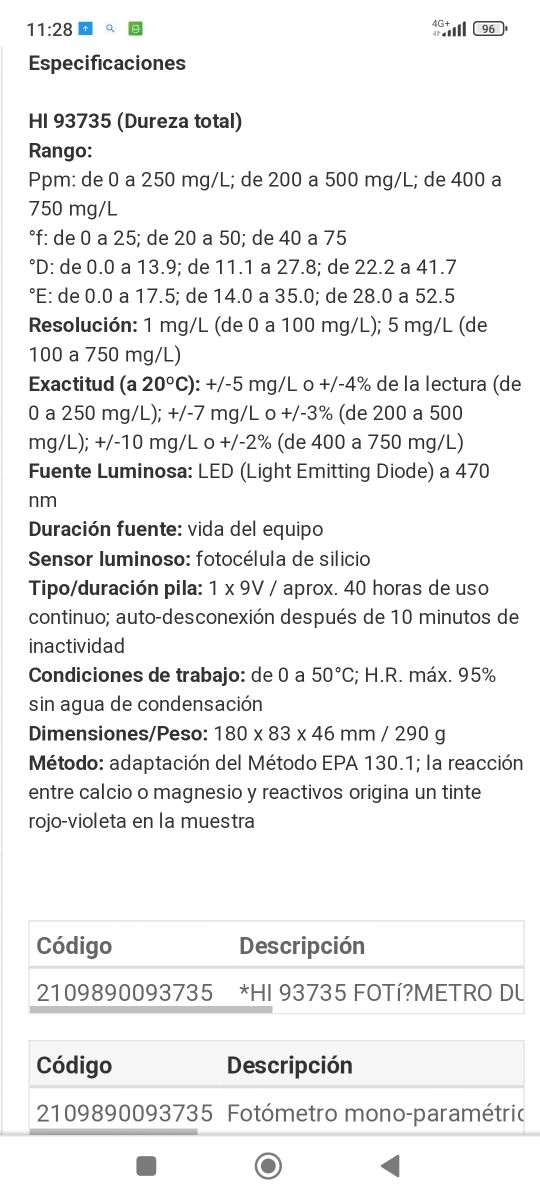 Medidor dureza total del agua.