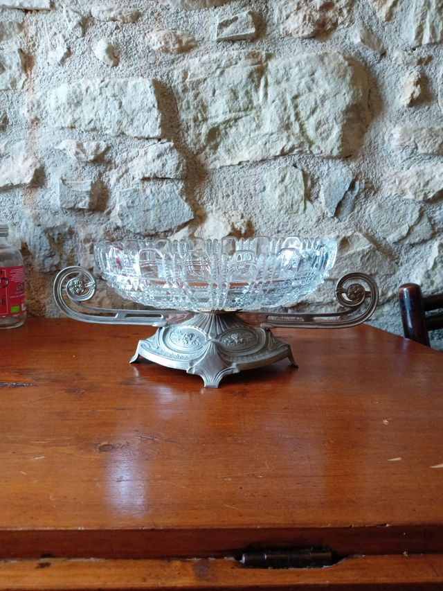 Frutero cristal tallado con pie de plata