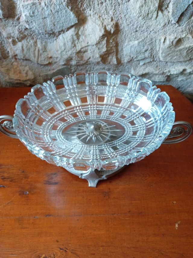 Frutero cristal tallado con pie de plata