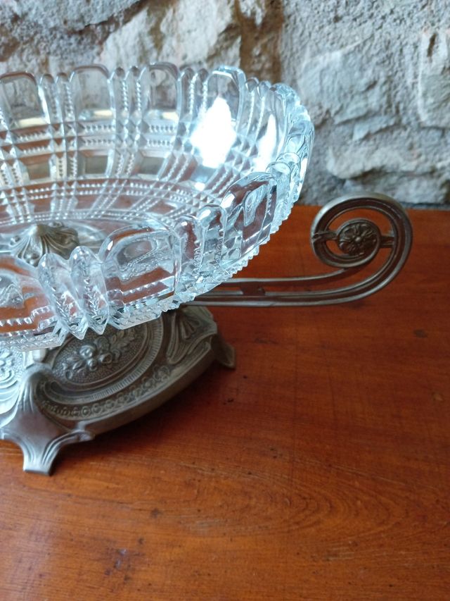 Frutero cristal tallado con pie de plata