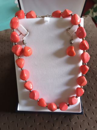 Collar con pendientes plata de ley color coral