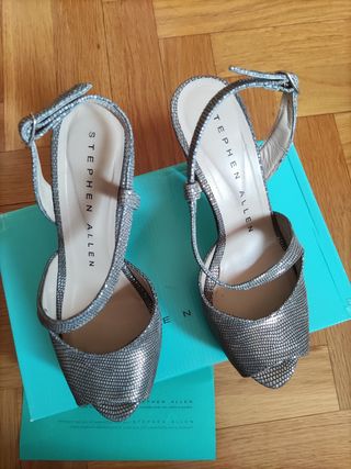 sandalias de tacón gris plata 37 de piel