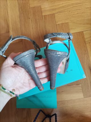 sandalias de tacón gris plata 37 de piel