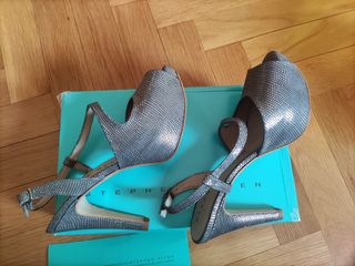 sandalias de tacón gris plata 37 de piel