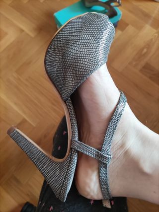 sandalias de tacón gris plata 37 de piel