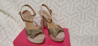 LOLITA BLUE. Sandalias tacón rosa palo dorada 38