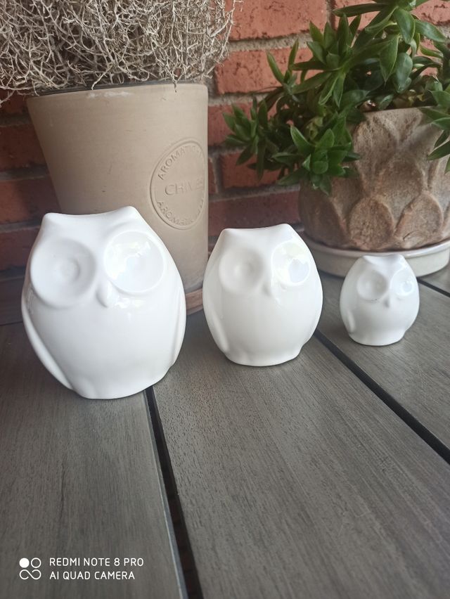 Familia buhos de ceramica blanca
