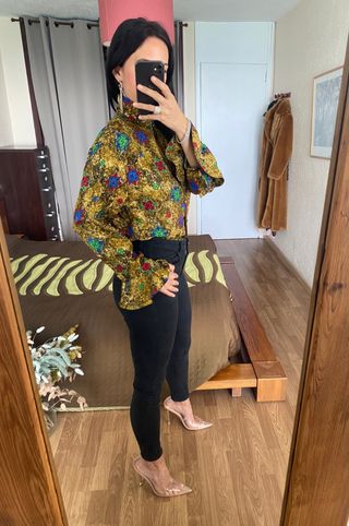 Nueva blusa satinada seda natural volantes talla L