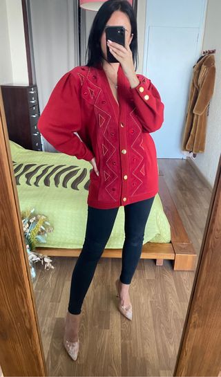 Cárdigan con piel y strass dorado Torras talla L