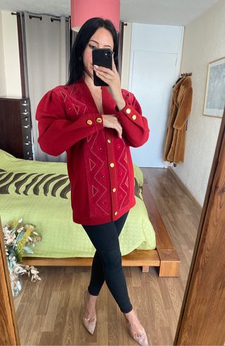 Cárdigan con piel y strass dorado Torras talla L