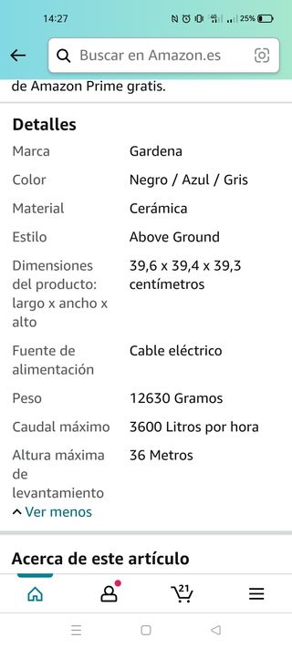 BOMBA AGUA GARDENA 3600l/h