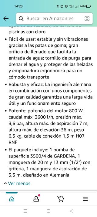 BOMBA AGUA GARDENA 3600l/h