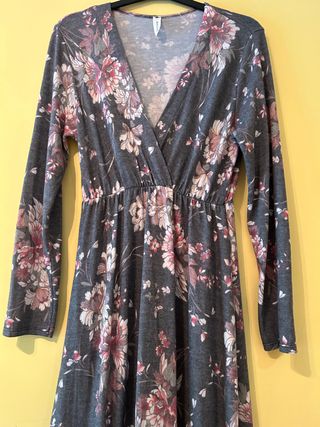 Vestido flores manga larga gris