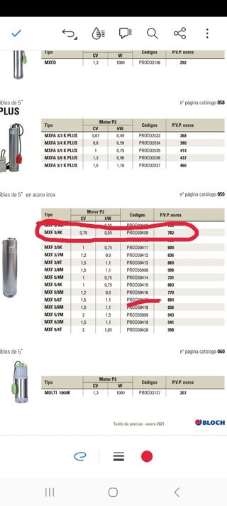Bomba de agua Bloch. MXF34K2.Monofasica